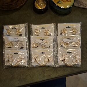 Gold and White Flower Earrings Set. 9 Pairs